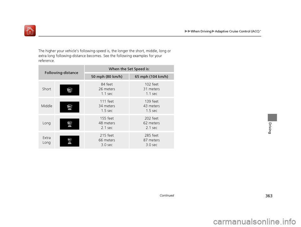 Acura ILX 2017 Owners Manual 363
uuWhen Driving uAdaptive Cruise Control (ACC)*
Continued
Driving
The higher your vehicle’s following-speed is, the longer the short, middle, long or
extra long following-distance becomes. See Acura ILX 2017 Owners Manual 363
uuWhen Driving uAdaptive Cruise Control (ACC)*
Continued
Driving
The higher your vehicle’s following-speed is, the longer the short, middle, long or
extra long following-distance becomes. See