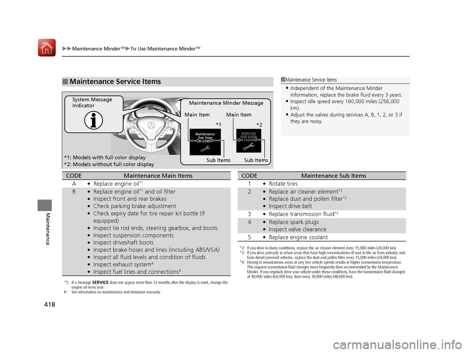 Acura ILX 2017 Owners Manual 418
uuMaintenance MinderTMuTo Use Maintenance MinderTM
Maintenance
■Maintenance Service Items1Maintenance Service Items
•Independent of the Maintenance Minder
information, replace the brake fluid Acura ILX 2017 Owners Manual 418
uuMaintenance MinderTMuTo Use Maintenance MinderTM
Maintenance
■Maintenance Service Items1Maintenance Service Items
•Independent of the Maintenance Minder
information, replace the brake fluid