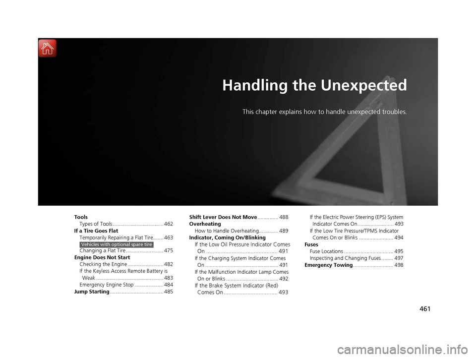 Acura ILX 2017 Owners Guide 461
Handling the Unexpected
This chapter explains how to handle unexpected troubles.
ToolsTypes of Tools .................................. 462
If a Tire Goes Flat Temporarily Repairi ng a Flat Tire..