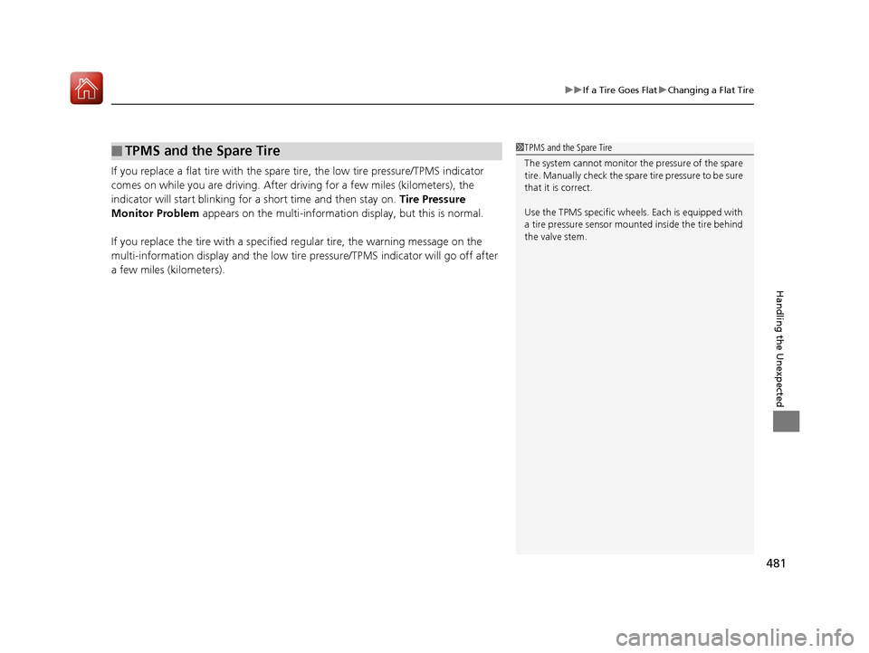 Acura ILX 2017 Workshop Manual 481
uuIf a Tire Goes Flat uChanging a Flat Tire
Handling the Unexpected
If you replace a flat tire with the spare tire, the low tire pressure/TPMS indicator 
comes on while you are driving. After dr i