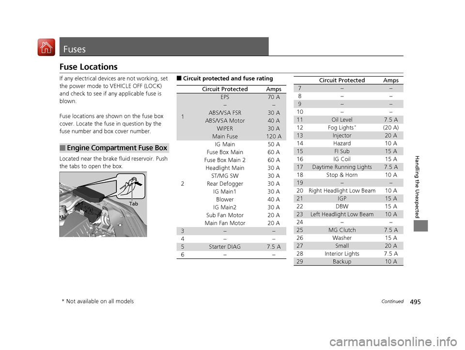 Acura ILX 2017 Owners Manual 495Continued
Handling the Unexpected
Fuses
Fuse Locations
If any electrical devices are not working, set
the power mode to VEHICLE OFF (LOCK)
and check to see if any applicable fuse is
blown.
Fuse Acura ILX 2017 Owners Manual 495Continued
Handling the Unexpected
Fuses
Fuse Locations
If any electrical devices are not working, set
the power mode to VEHICLE OFF (LOCK)
and check to see if any applicable fuse is
blown.
Fuse
