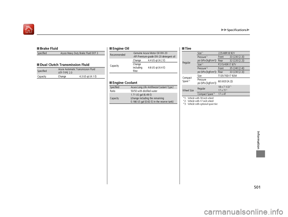 Acura ILX 2017  Owners Manual 501
uuSpecifications u
Information
■Brake Fluid
■ Dual Clutch Transmission Fluid
SpecifiedAcura Heavy Duty Brake Fluid DOT 3
SpecifiedAcura Automatic Transmission Fluid 
ATF-TYPE 2.0
Capacity Chan