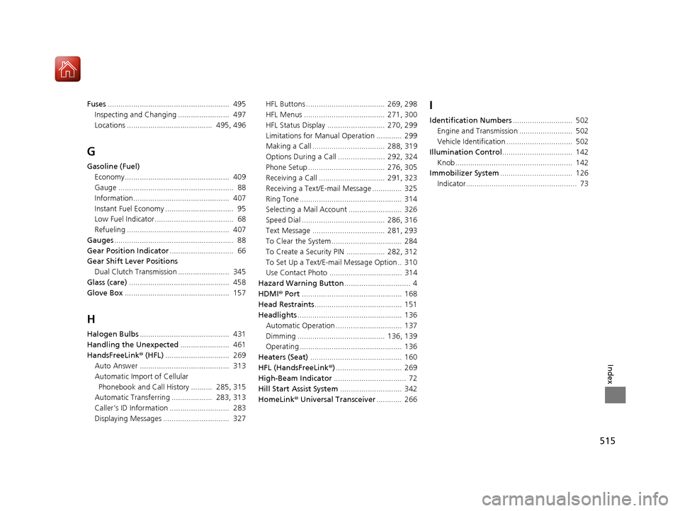 Acura ILX 2017  Owners Manual 515
Index
Fuses.........................................................  495
Inspecting and Changing ........................  497
Locations ........................................  495, 496
G
Gasol