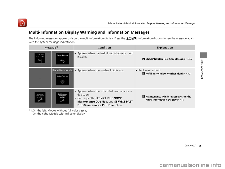 Acura ILX 2017 Owners Manual 81
uuIndicators uMulti-Information Display Warning and Information Messages
Continued
Instrument Panel
Multi-Information Display Warn ing and Information Messages
The following messages appear only on Acura ILX 2017 Owners Manual 81
uuIndicators uMulti-Information Display Warning and Information Messages
Continued
Instrument Panel
Multi-Information Display Warn ing and Information Messages
The following messages appear only on