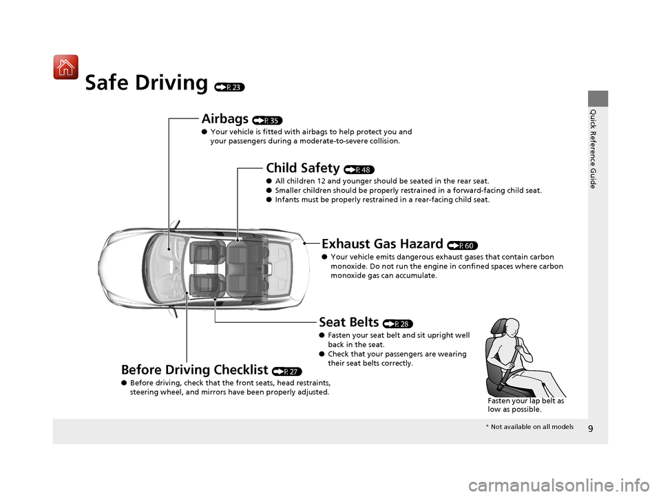 Acura ILX 2017 Owners Manual 9
Quick Reference Guide
Safe Driving (P23)
Airbags (P35)
● Your vehicle is fitted with ai rbags to help protect you and
your passengers during a moderate-to-severe collision.
Child Safety (P48)
● Acura ILX 2017 Owners Manual 9
Quick Reference Guide
Safe Driving (P23)
Airbags (P35)
● Your vehicle is fitted with ai rbags to help protect you and
your passengers during a moderate-to-severe collision.
Child Safety (P48)
●