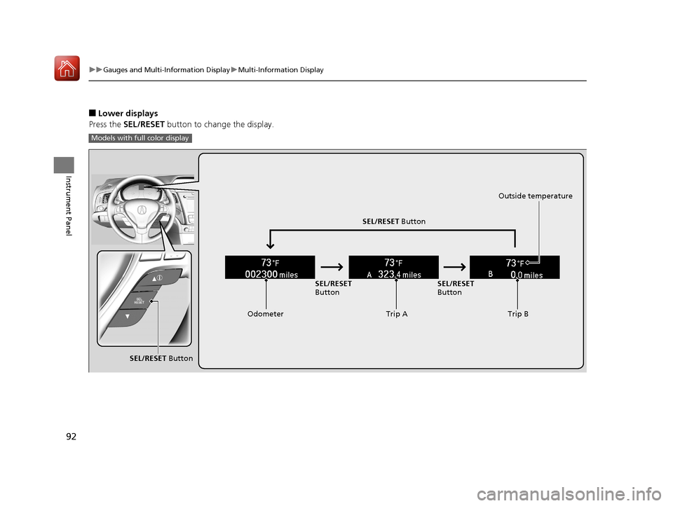 Acura ILX 2017  Owners Manual 92
uuGauges and Multi-Information Display uMulti-Information Display
Instrument Panel
■Lower displays
Press the  SEL/RESET  button to change the display.
Models with full color display
Odometer Trip