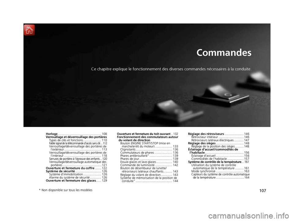 Acura ILX 2017  Manuel du propriétaire (in French) 107
Commandes
Ce chapitre explique le fonctionnement des diverses commandes nécessaires à la conduite.
Horloge.................................................. 108
Verrouillage et déverrouillage d