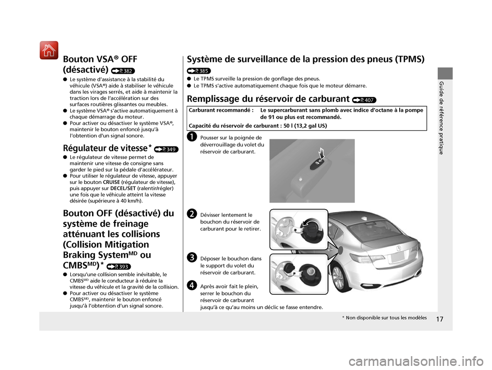 Acura ILX 2017  Manuel du propriétaire (in French) 17
Guide de référence pratique
Bouton VSA® OFF 
(désactivé) 
(P382)
● Le système d’assistance à la stabilité du 
véhicule (VSA ®) aide à stabiliser le véhicule 
dans les virages serré