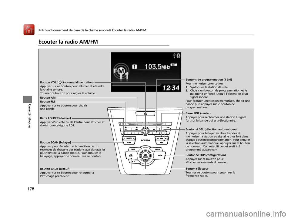 Acura ILX 2017  Manuel du propriétaire (in French) 178
uuFonctionnement de base de la chaîne sonore uÉcouter la radio AM/FM
Caractéristiques
Écouter la radio AM/FM
Bouton SCAN (balayer)
Appuyer pour écouter un échantillon de dix 
secondes de cha