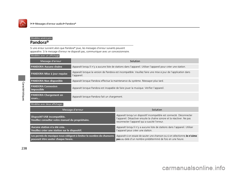 Acura ILX 2017  Manuel du propriétaire (in French) 238
uuMessages d’erreur audio uPandora ®
Caractéristiques
Pandora ®
Si une erreur survie nt alors que Pandora ® joue, les messages d’e rreur suivants peuvent 
apparaître. Si le message d’er