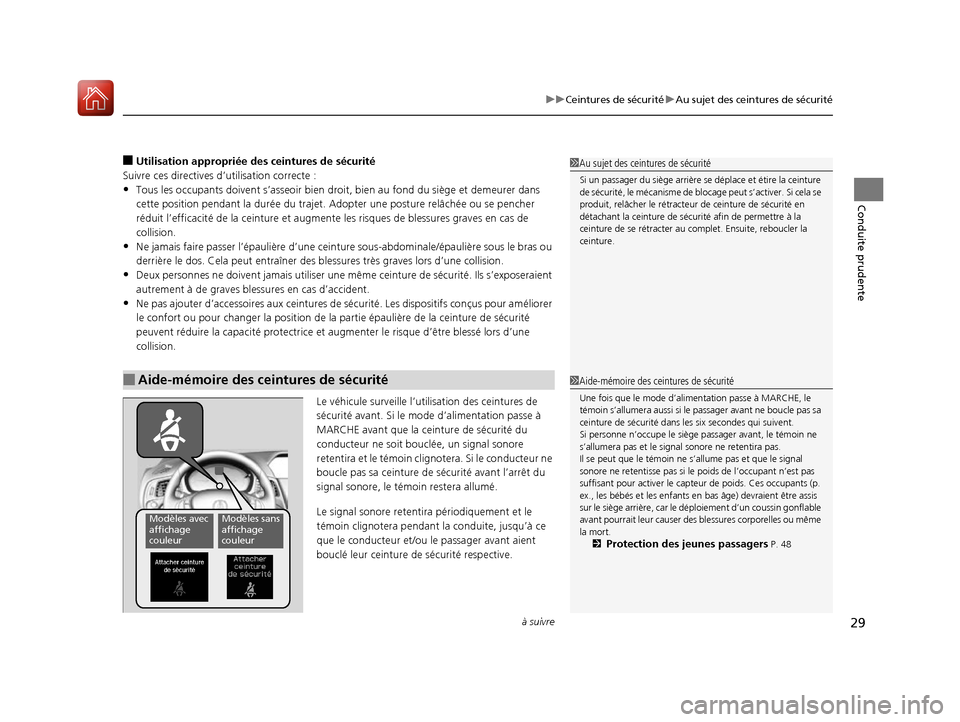 Acura ILX 2017  Manuel du propriétaire (in French) à suivre29
uuCeintures de sécurité uAu sujet des ceintures de sécurité
Conduite prudente
■Utilisation appropriée des ceintures de sécurité
Suivre ces directives d’utilisation correcte :

