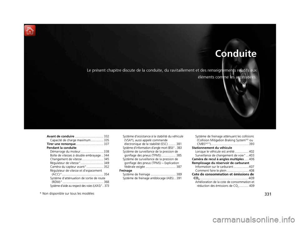 Acura ILX 2017 Manuel du propriétaire (in French) 331
Conduite
Le présent chapitre discute de la conduite, du ravitaillement et des renseignements relatifs aux
éléments comme les accessoires.
Avant de conduire ................................ 332
Acura ILX 2017 Manuel du propriétaire (in French) 331
Conduite
Le présent chapitre discute de la conduite, du ravitaillement et des renseignements relatifs aux
éléments comme les accessoires.
Avant de conduire ................................ 332