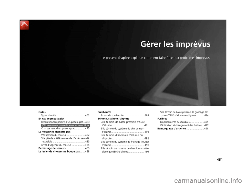 Acura ILX 2017  Manuel du propriétaire (in French) 461
Gérer les imprévus
Le présent chapitre explique comment faire face aux problèmes imprévus.
Outils
Types d’outils ....................................... 462
En cas de pneu à plat Réparati