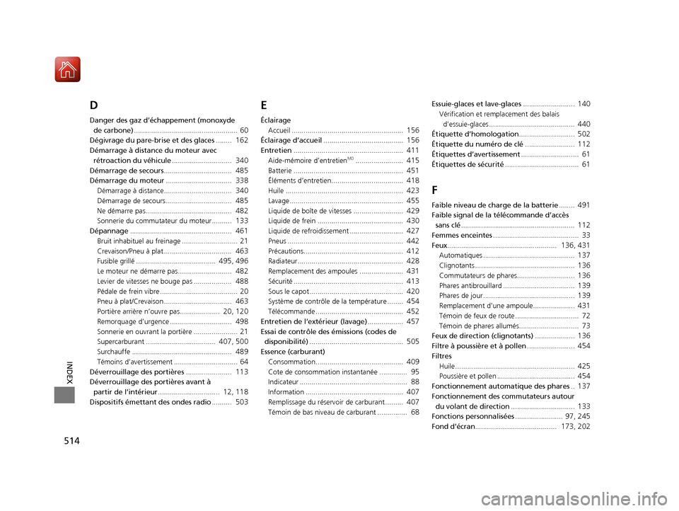 Acura ILX 2017  Manuel du propriétaire (in French) 514
INDEX
D
Danger des gaz d’échappement (monoxyde de carbone) .................................................... 
60
Dégivrage du pare-brise et des glaces ........  162
Démarrage à distance d