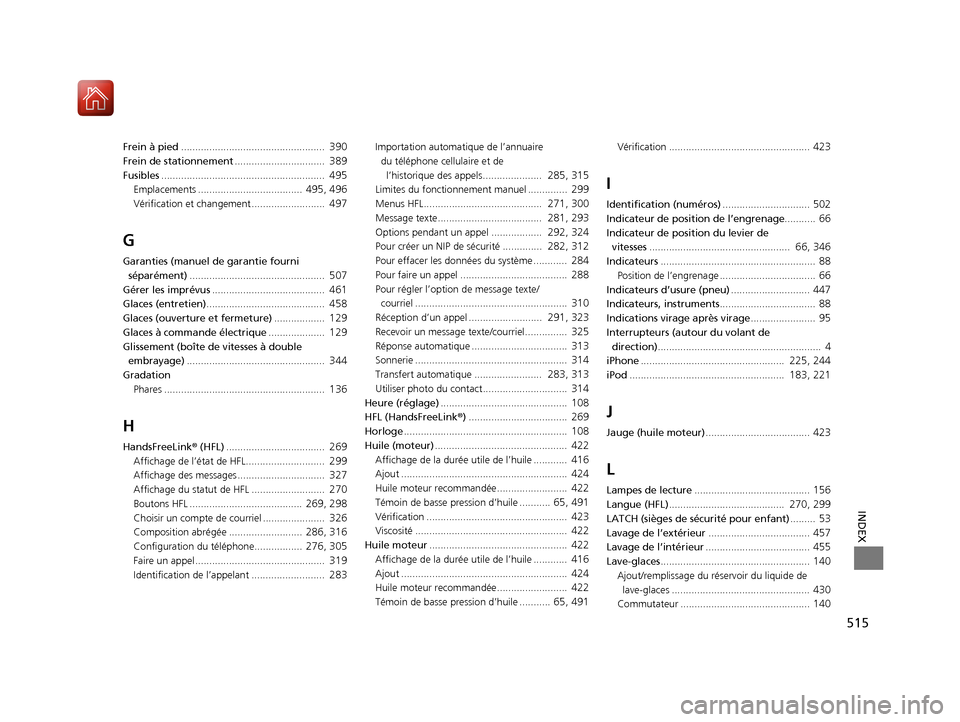 Acura ILX 2017  Manuel du propriétaire (in French) 515
INDEX
Frein à pied...................................................  390
Frein de stationnement ................................  389
Fusibles...................................................