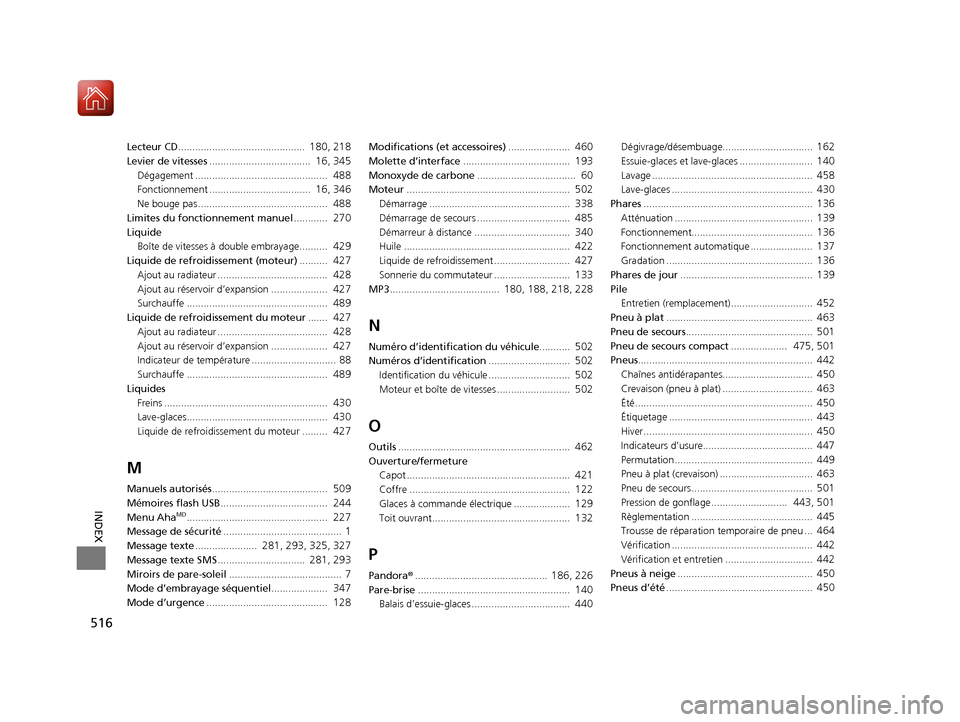 Acura ILX 2017  Manuel du propriétaire (in French) 516
INDEX
Lecteur CD.............................................  180, 218
Levier de vitesses ....................................  16, 345
Dégagement ...............................................