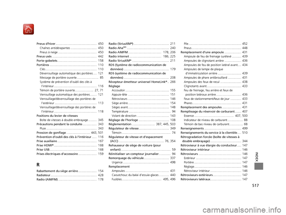 Acura ILX 2017  Manuel du propriétaire (in French) 517
INDEX
Pneus d’hiver.................................................  450
Chaînes antidérapantes ...............................  450
Pneus à neige ...........................................