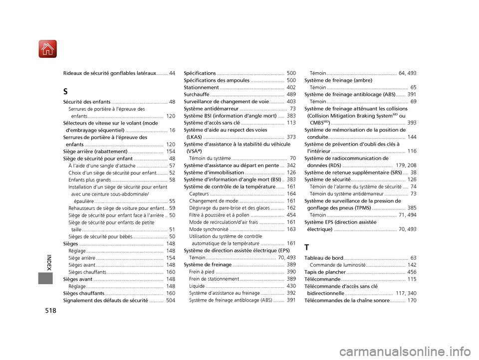 Acura ILX 2017  Manuel du propriétaire (in French) 518
INDEX
Rideaux de sécurité gonflables latéraux........ 44
S
Sécurité des enfants........................................ 48
Serrures de portière à l’épreuve des 
enfants..................
