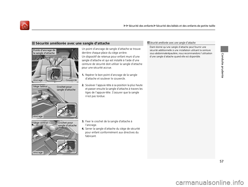 Acura ILX 2017  Manuel du propriétaire (in French) 57
uuSécurité des enfants uSécurité des bébés et des enfants de petite taille
Conduite prudenteUn point d’ancrage de sangle d’attache se trouve 
derrière chaque plac e du siège arrière.
U