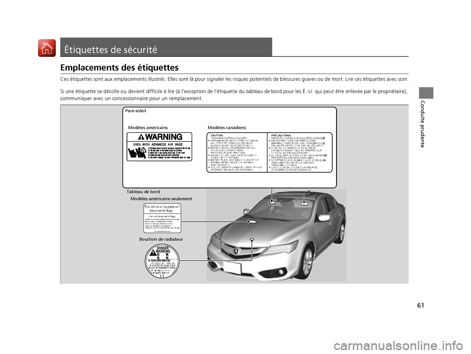 Acura ILX 2017  Manuel du propriétaire (in French) 61
Conduite prudente
Étiquettes de sécurité
Emplacements des étiquettes
Ces étiquettes sont aux emplacements illustrés. Elles sont là pour signaler les risques potentiels de bl essures graves o