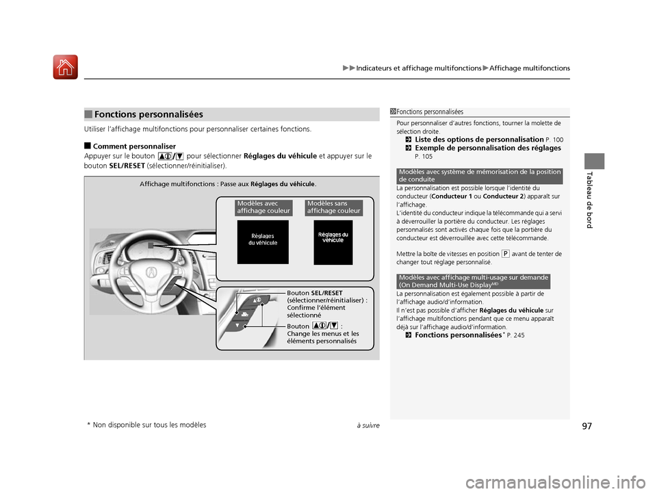 Acura ILX 2017  Manuel du propriétaire (in French) à suivre97
uuIndicateurs et affichage multifonctions uAffichage multifonctions
Tableau de bord
Utiliser l’affichage mult ifonctions pour personnali ser certaines fonctions.
■Comment personnaliser