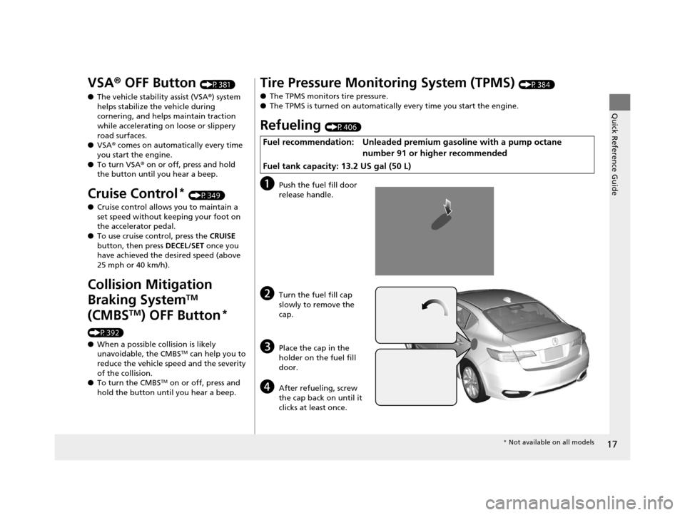 Acura ILX 2016  Owners Manual 17
Quick Reference Guide
VSA® OFF Button (P381)
● The vehicle stability assist (VSA ®) system 
helps stabilize the vehicle during 
cornering, and helps maintain traction 
while accelerating on loo