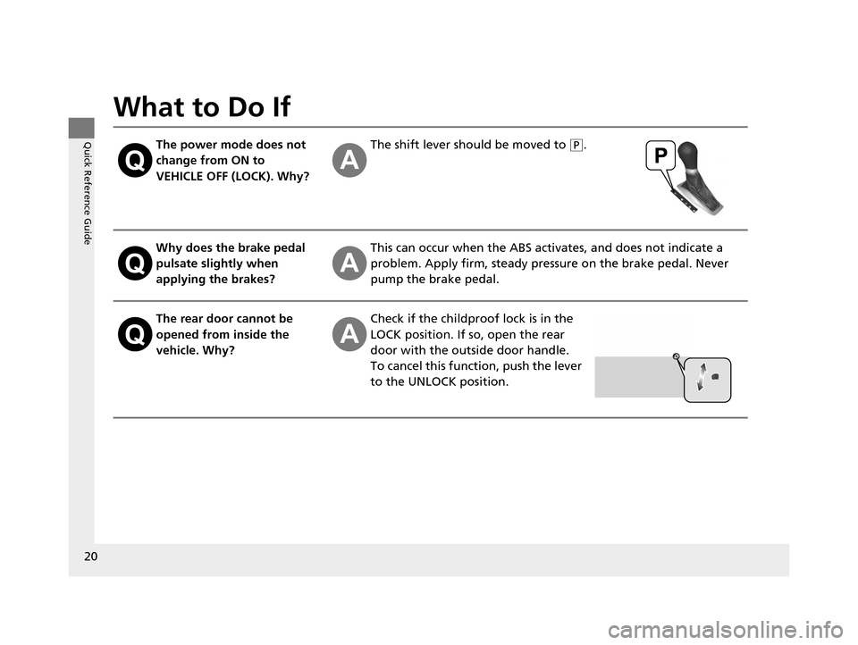 Acura ILX 2016  Owners Manual 20
Quick Reference Guide
What to Do If
The power mode does not 
change from ON to 
VEHICLE OFF (LOCK). Why?The shift lever should be moved to (P.
Why does the brake pedal 
pulsate slightly when 
apply