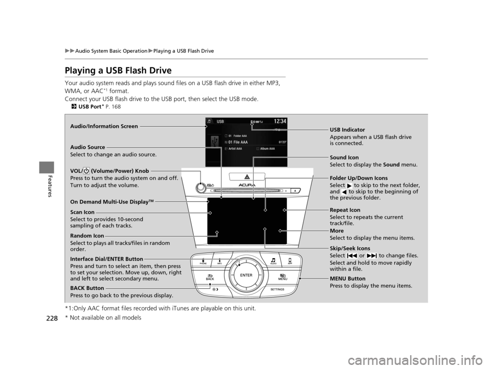 Acura ILX 2016  Owners Manual 228
uuAudio System Basic Operation uPlaying a USB Flash Drive
Features
Playing a USB Flash Drive
Your audio system reads and plays sound fi les on a USB flash drive in either MP3, 
WMA, or AAC*1 forma