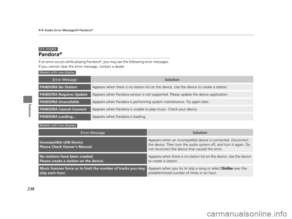 Acura ILX 2016 Owners Manual 238
uuAudio Error Messages uPandora®
Features
Pandora ®
If an error occurs while playing Pandora ®, you may see the following error messages.
If you cannot clear the error message, contact a deal Acura ILX 2016 Owners Manual 238
uuAudio Error Messages uPandora®
Features
Pandora ®
If an error occurs while playing Pandora ®, you may see the following error messages.
If you cannot clear the error message, contact a deal