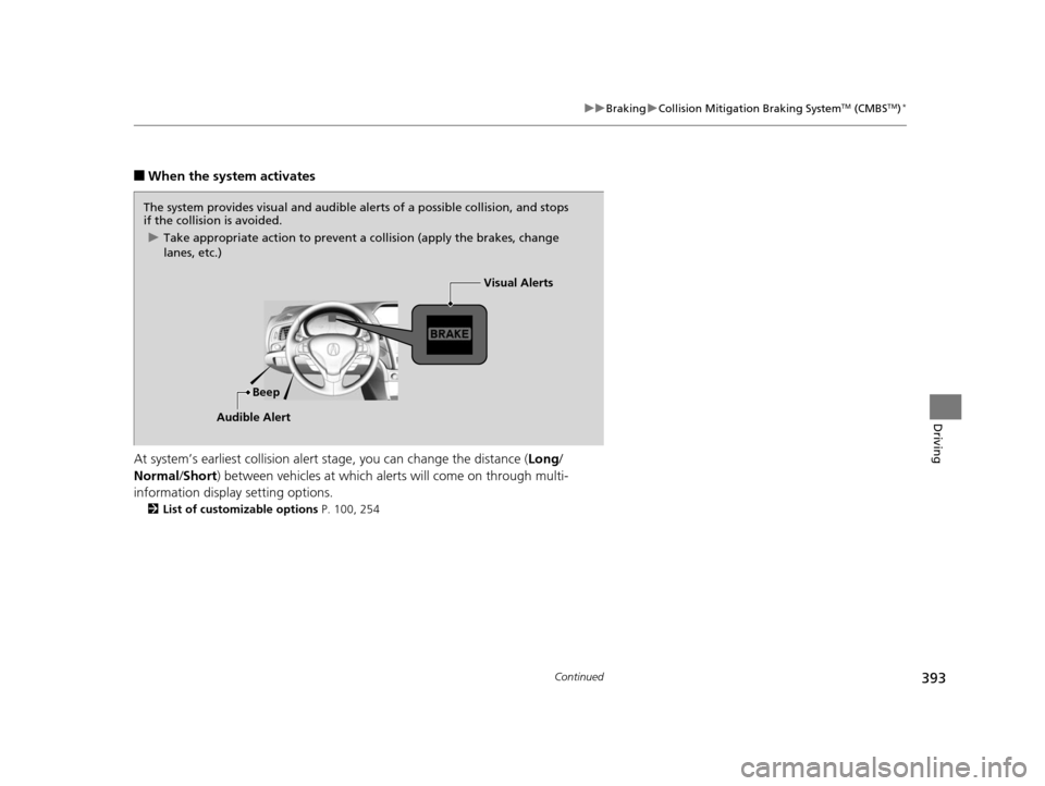 Acura ILX 2016  Owners Manual 393
uuBraking uCollision Mitigation Braking SystemTM (CMBSTM)*
Continued
Driving
■When the system activates
At system’s earliest collision alert st age, you can change the distance (Long/
Normal /