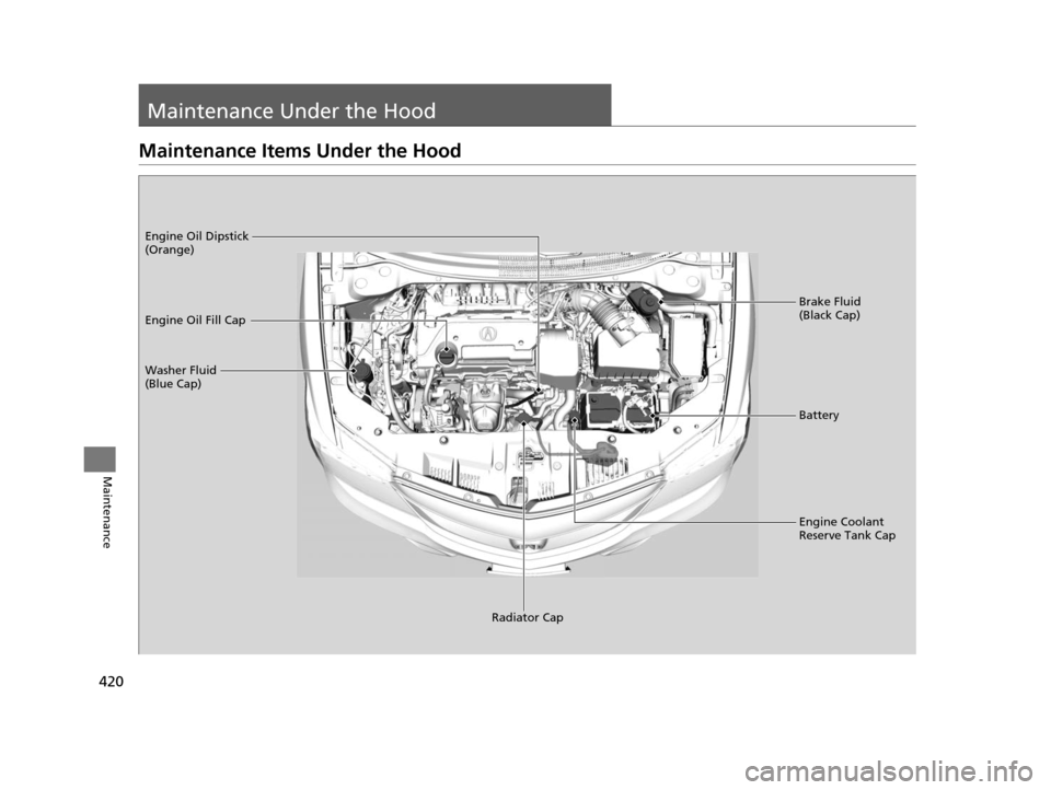 Acura ILX 2016 Owners Manual 420
Maintenance
Maintenance Under the Hood
Maintenance Items Under the Hood
Brake Fluid
(Black Cap)
Washer Fluid
(Blue Cap) Engine Oil Dipstick
(Orange)
Engine Oil Fill Cap
Battery
Engine Coolant
Acura ILX 2016 Owners Manual 420
Maintenance
Maintenance Under the Hood
Maintenance Items Under the Hood
Brake Fluid
(Black Cap)
Washer Fluid
(Blue Cap) Engine Oil Dipstick
(Orange)
Engine Oil Fill Cap
Battery
Engine Coolant