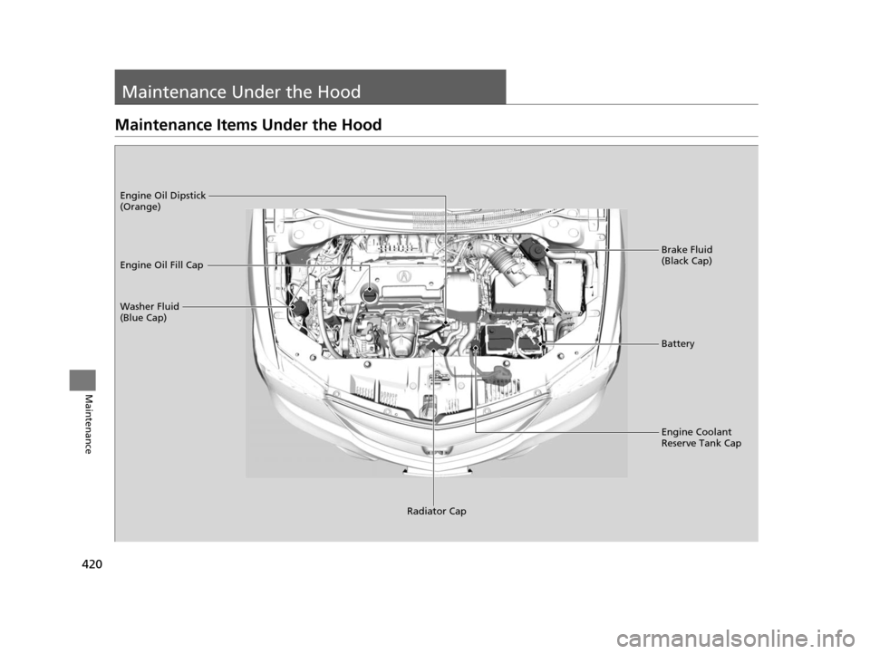 Acura ILX 2016  Owners Manual 420
Maintenance
Maintenance Under the Hood
Maintenance Items Under the Hood
Brake Fluid 
(Black Cap)
Washer Fluid 
(Blue Cap) Engine Oil Dipstick 
(Orange)
Engine Oil Fill Cap
Battery
Engine Coolant 
