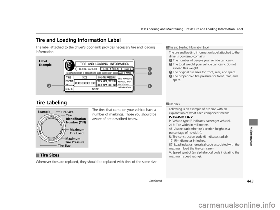 Acura ILX 2016  Owners Manual 443
uuChecking and Maintaining Tires uTire and Loading Information Label
Continued
Maintenance
Tire and Loading Information Label
The label attached to the dr iver’s doorjamb provides necessary tire