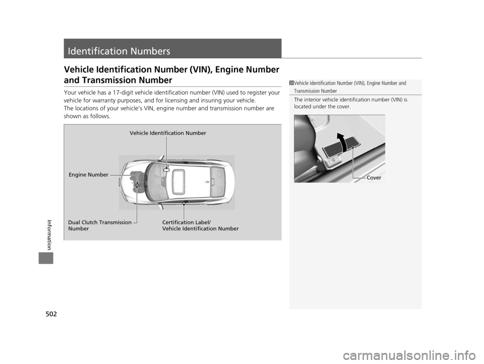 Acura ILX 2016  Owners Manual 502
Information
Identification Numbers
Vehicle Identification Number (VIN), Engine Number 
and Transmission Number
Your vehicle has a 17-digit vehicle identification number (V IN) used to register you