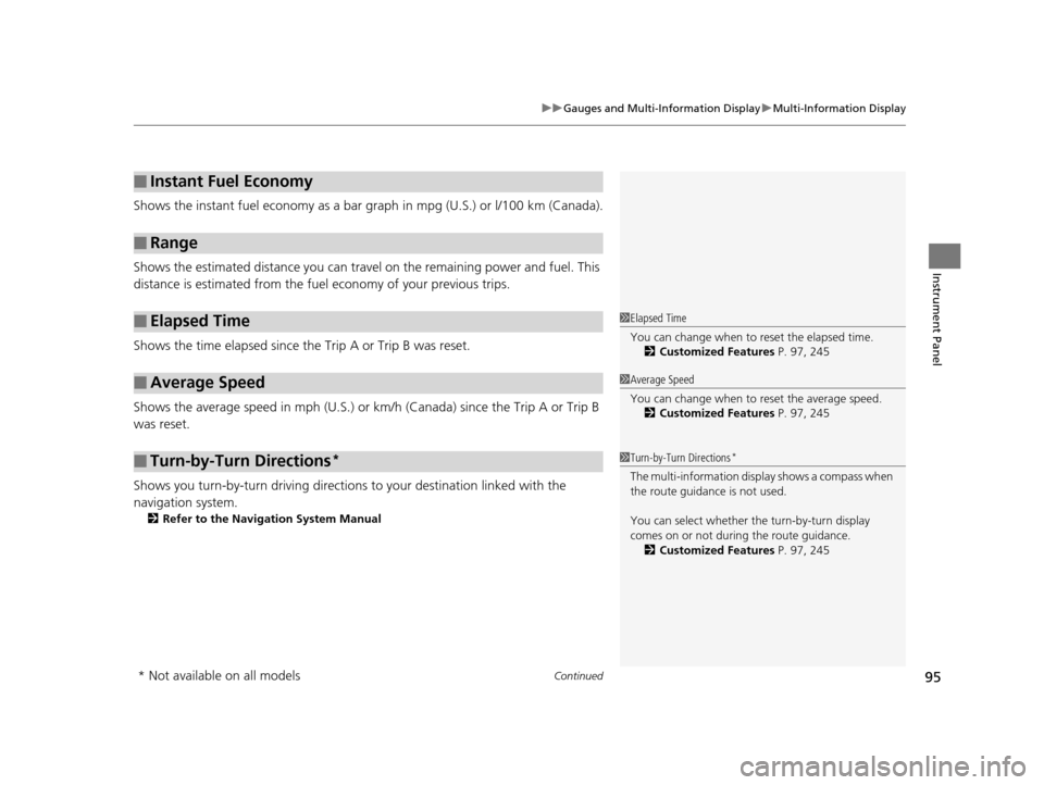 Acura ILX 2016  Owners Manual Continued95
uuGauges and Multi-Information Display uMulti-Information Display
Instrument Panel
Shows the instant fuel economy as a bar gr aph in mpg (U.S.) or l/100 km (Canada).
Shows the estimated di