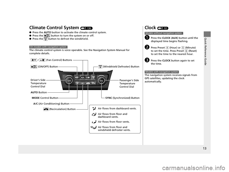 Acura ILX 2015 User Guide 13
Quick Reference Guide
Climate Control System (P 136)
● Press the  AUTO button to activate th e climate control system.
● Press the   button to turn the system on or off.
● Press the   button 