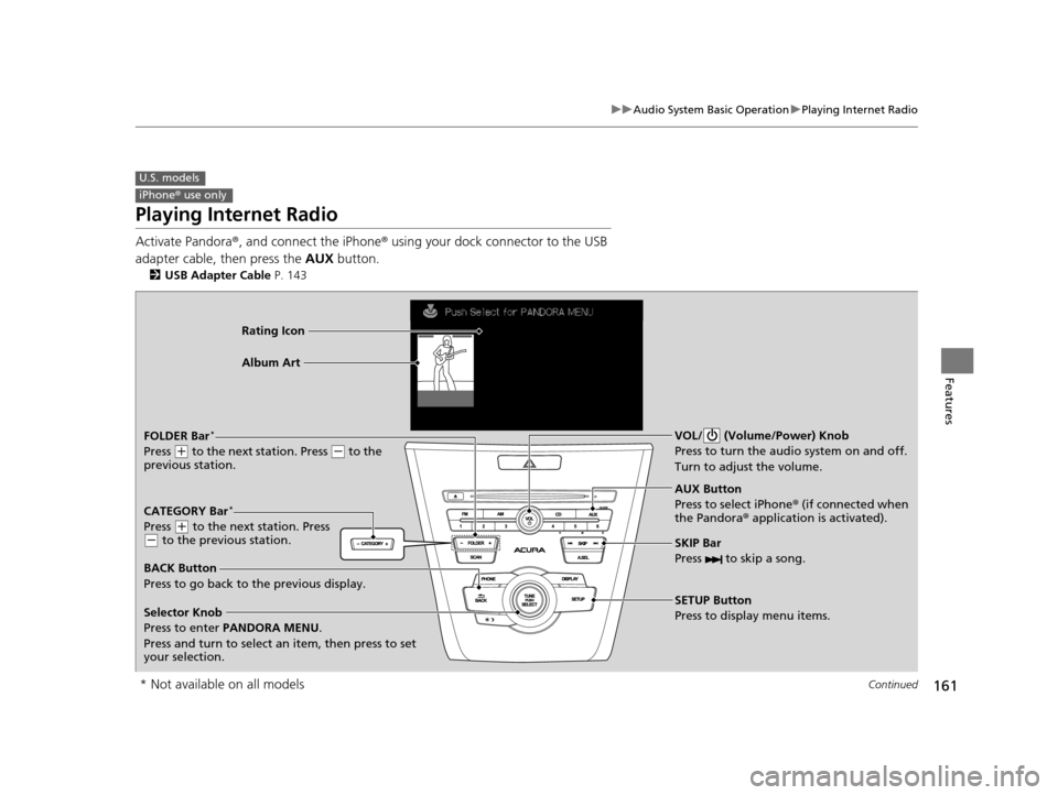 Acura ILX 2015 Service Manual 161
uuAudio System Basic Operation uPlaying Internet Radio
Continued
Features
Playing Internet Radio
Activate Pandora ®, and connect the iPhone ® using your dock connector to the USB
adapter cable, Acura ILX 2015 Service Manual 161
uuAudio System Basic Operation uPlaying Internet Radio
Continued
Features
Playing Internet Radio
Activate Pandora ®, and connect the iPhone ® using your dock connector to the USB
adapter cable,