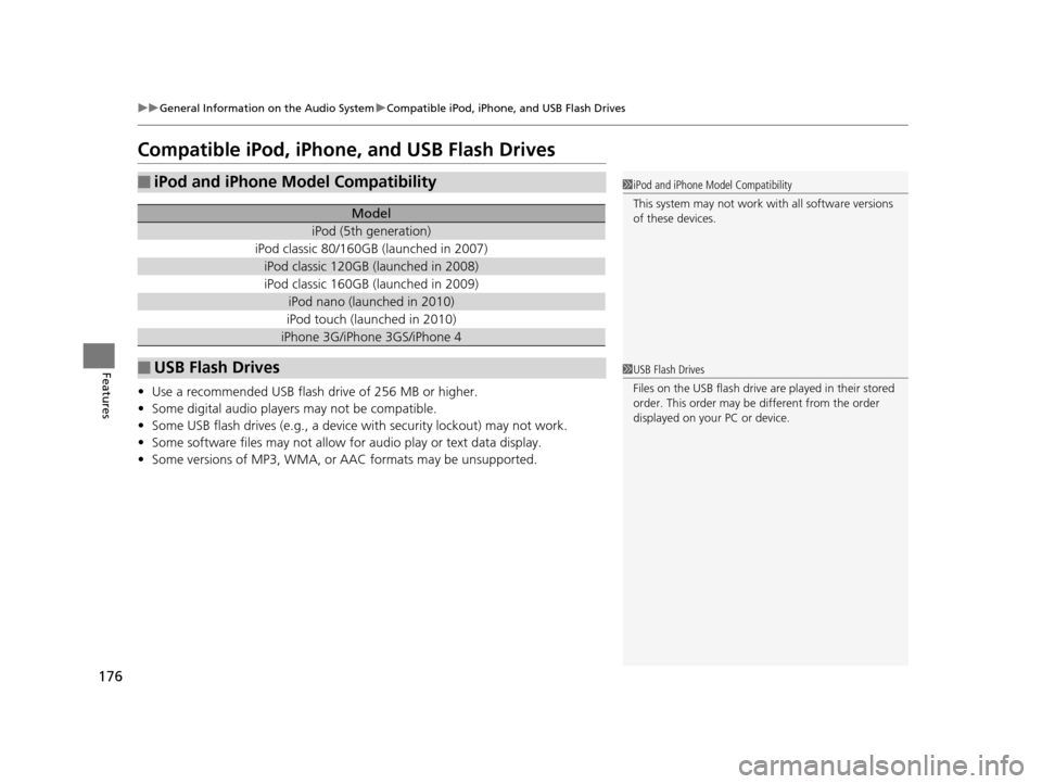 Acura ILX 2015 Workshop Manual 176
uuGeneral Information on the Audio System uCompatible iPod, iPhone, and USB Flash Drives
Features
Compatible iPod, iPhone, and USB Flash Drives
• Use a recommended USB flash drive of 256 MB or h Acura ILX 2015 Workshop Manual 176
uuGeneral Information on the Audio System uCompatible iPod, iPhone, and USB Flash Drives
Features
Compatible iPod, iPhone, and USB Flash Drives
• Use a recommended USB flash drive of 256 MB or h