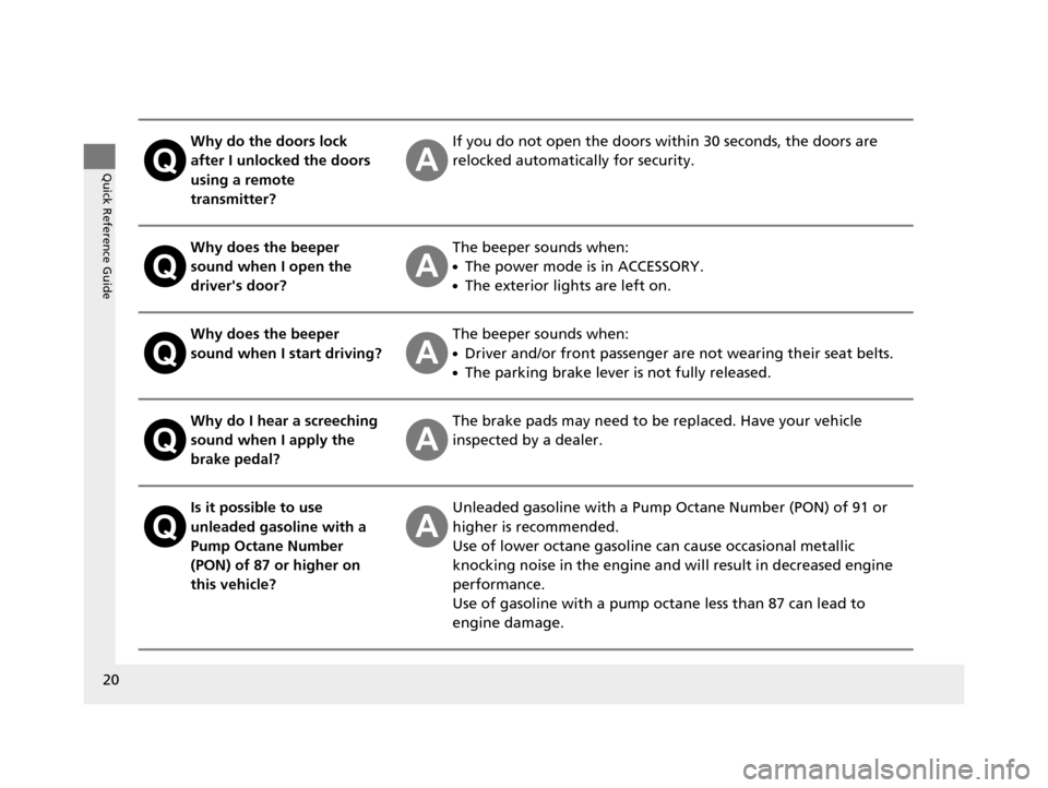 Acura ILX 2015  Owners Manual 20
Quick Reference Guide
Why do the doors lock 
after I unlocked the doors 
using a remote 
transmitter?If you do not open the doors within 30 seconds, the doors are 
relocked automatically for securi