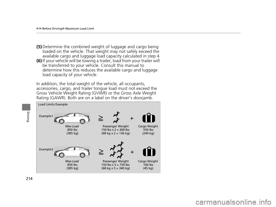 Acura ILX 2015 Owners Manual 214
uuBefore Driving uMaximum Load Limit
Driving
(5) Determine the combined weight of luggage and cargo being
loaded on the vehicle. That we ight may not safely exceed the
available cargo and lugga Acura ILX 2015 Owners Manual 214
uuBefore Driving uMaximum Load Limit
Driving
(5) Determine the combined weight of luggage and cargo being
loaded on the vehicle. That we ight may not safely exceed the
available cargo and lugga
