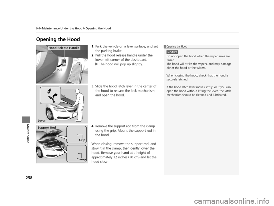 Acura ILX 2015  Owners Manual 258
uuMaintenance Under the Hood uOpening the Hood
Maintenance
Opening the Hood
1. Park the vehicle on a level surface, and set 
the parking brake.
2. Pull the hood release handle under the 
lower lef