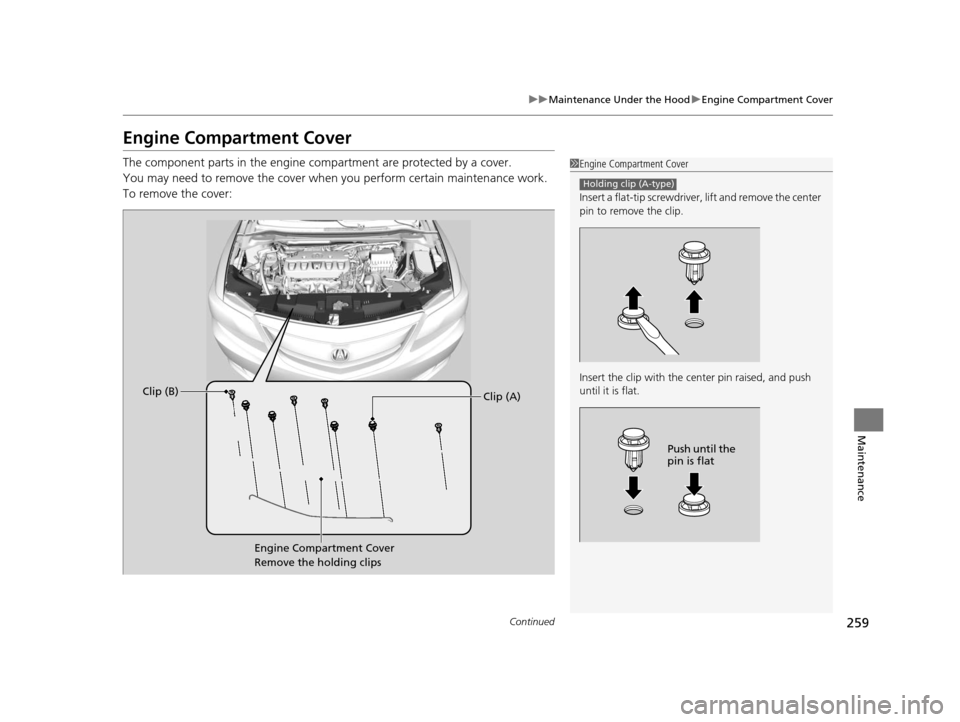 Acura ILX 2015 Repair Manual 259
uuMaintenance Under the Hood uEngine Compartment Cover
Continued
Maintenance
Engine Compartment Cover
The component parts in the engine co mpartment are protected by a cover.
You may need to remov Acura ILX 2015 Repair Manual 259
uuMaintenance Under the Hood uEngine Compartment Cover
Continued
Maintenance
Engine Compartment Cover
The component parts in the engine co mpartment are protected by a cover.
You may need to remov