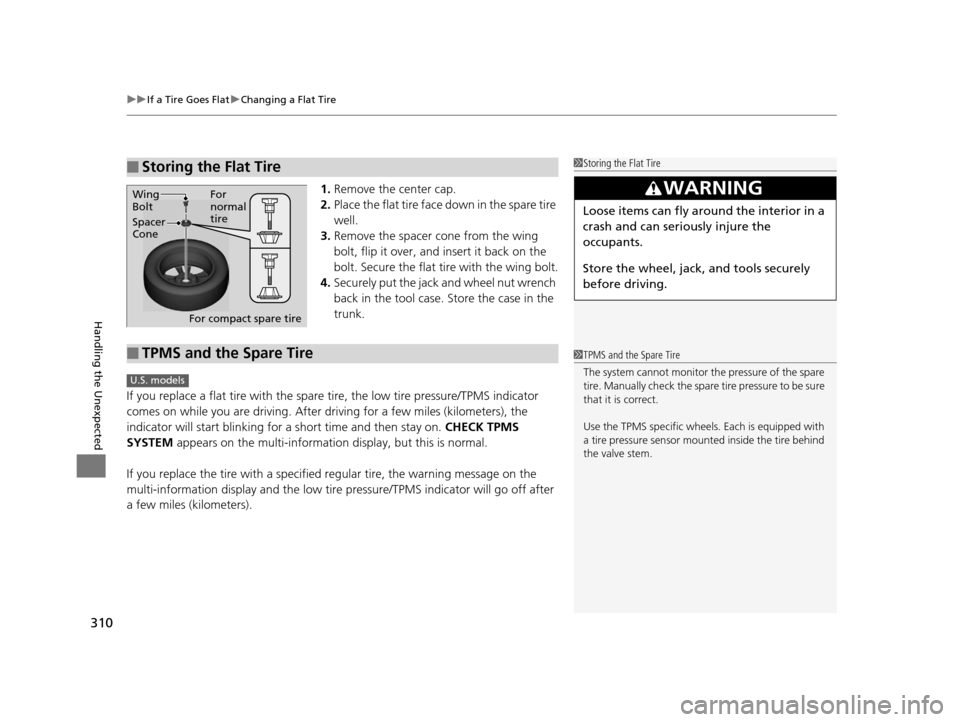 Acura ILX 2015  Owners Manual uuIf a Tire Goes Flat uChanging a Flat Tire
310
Handling the Unexpected
1. Remove the center cap.
2. Place the flat tire face down in the spare tire 
well.
3. Remove the spacer  cone from the wing 
bo