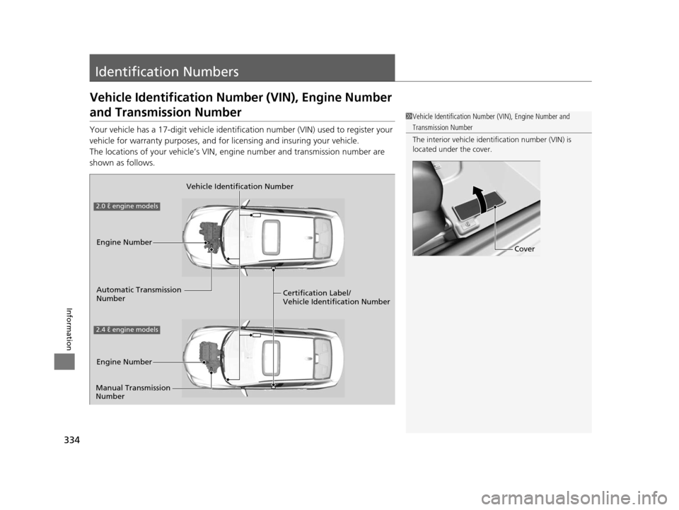 Acura ILX 2015 Owners Manual 334
Information
Identification Numbers
Vehicle Identification Number (VIN), Engine Number
and Transmission Number
Your vehicle has a 17-digit vehicle identification number (V IN) used to register you Acura ILX 2015 Owners Manual 334
Information
Identification Numbers
Vehicle Identification Number (VIN), Engine Number
and Transmission Number
Your vehicle has a 17-digit vehicle identification number (V IN) used to register you