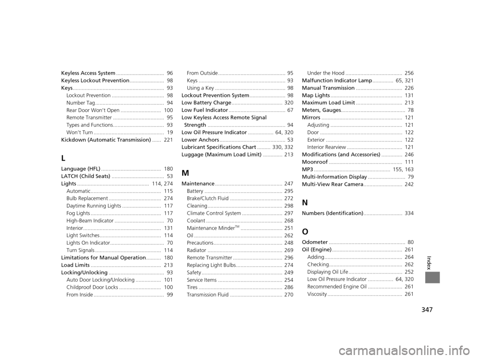 Acura ILX 2015 Service Manual 347
Index
Keyless Access System................................  96
Keyless Lockout Prevention .......................  98
Keys .............................................................  93
Lockou