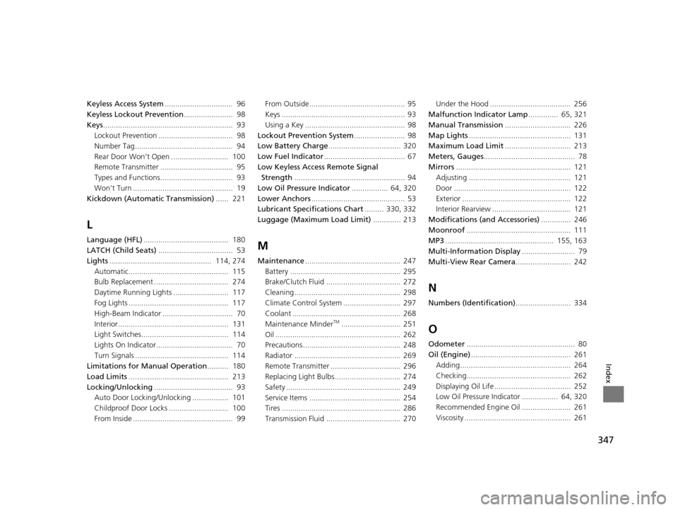Acura ILX 2015  Owners Manual 347
Index
Keyless Access System................................  96
Keyless Lockout Prevention .......................  98
Keys .............................................................  93
Lockou