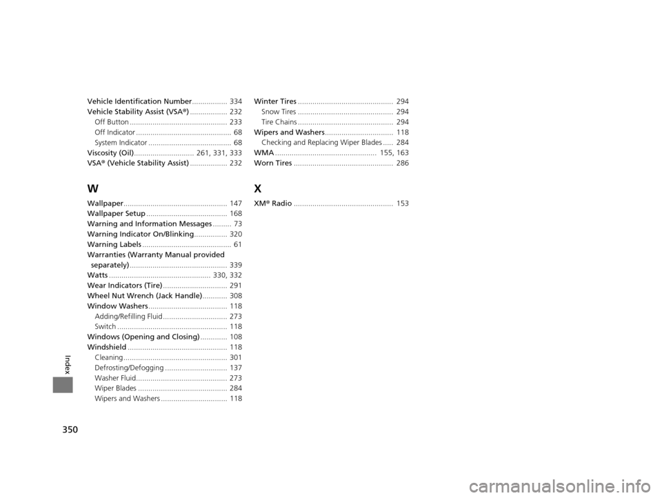 Acura ILX 2015  Owners Manual 350
Index
Vehicle Identification Number................. 334
Vehicle Stability Assist (VSA ®).................. 232
Off Button ...............................................  233
Off Indicator .....