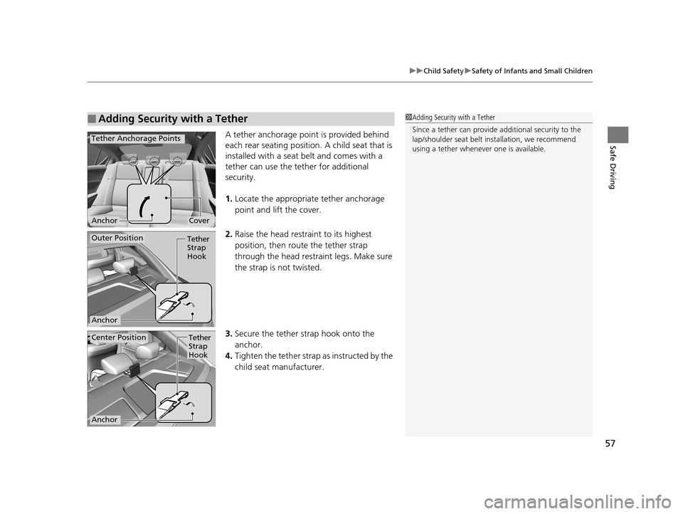 Acura ILX 2015 Workshop Manual 57
uuChild Safety uSafety of Infants and Small Children
Safe DrivingA tether anchorage point is provided behind 
each rear seating position.  A child seat that is 
installed with a seat belt and comes
