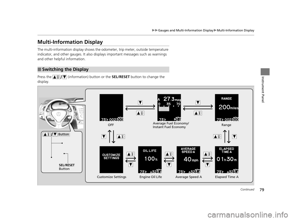 Acura ILX 2015 User Guide 79
uuGauges and Multi-Information Display uMulti-Information Display
Continued
Instrument Panel
Multi-Information Display
The multi-information displa y shows the odometer, trip meter, outside tempera Acura ILX 2015 User Guide 79
uuGauges and Multi-Information Display uMulti-Information Display
Continued
Instrument Panel
Multi-Information Display
The multi-information displa y shows the odometer, trip meter, outside tempera