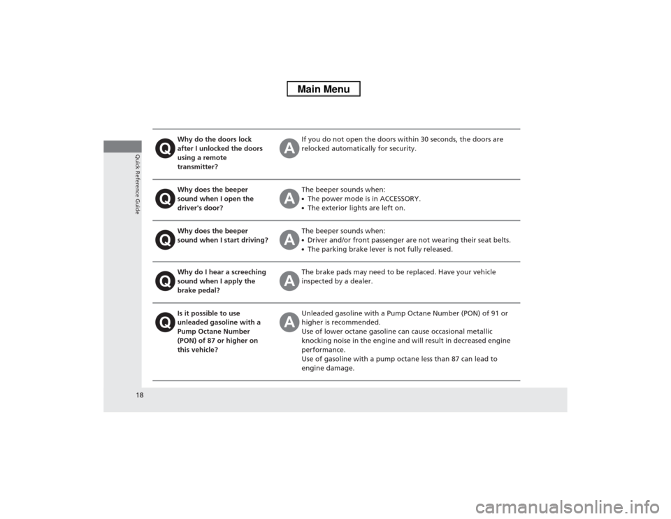 Acura ILX 2014 User Guide 18Quick Reference Guide
Why do the doors lock 
after I unlocked the doors 
using a remote 
transmitter?
If you do not open the doors within 30 seconds, the doors are 
relocked automatically for securi